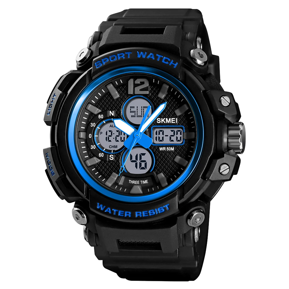 Blue SKMEI спортивные мужские умные часы с двойным дисплеем цифровые часы светящиеся 5 бар Водонепроницаемые 3 времени Multl-функция часы 1498 кварцевые - Цвет: Blue