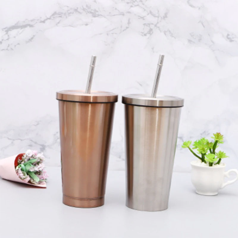 

500ML Stainless Steel Drinking Straw Cup Coffee Mugs Vacuum Travel Family Restaurants Camping Simple Style Thermos Kettle