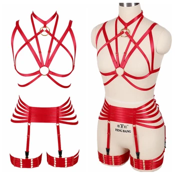 

Red Strappy Harness Set Top Body Cage Bra Breast Belt Party Dance Garter Belts Waist Body Punk Goth Wear Plus Size Lingerie