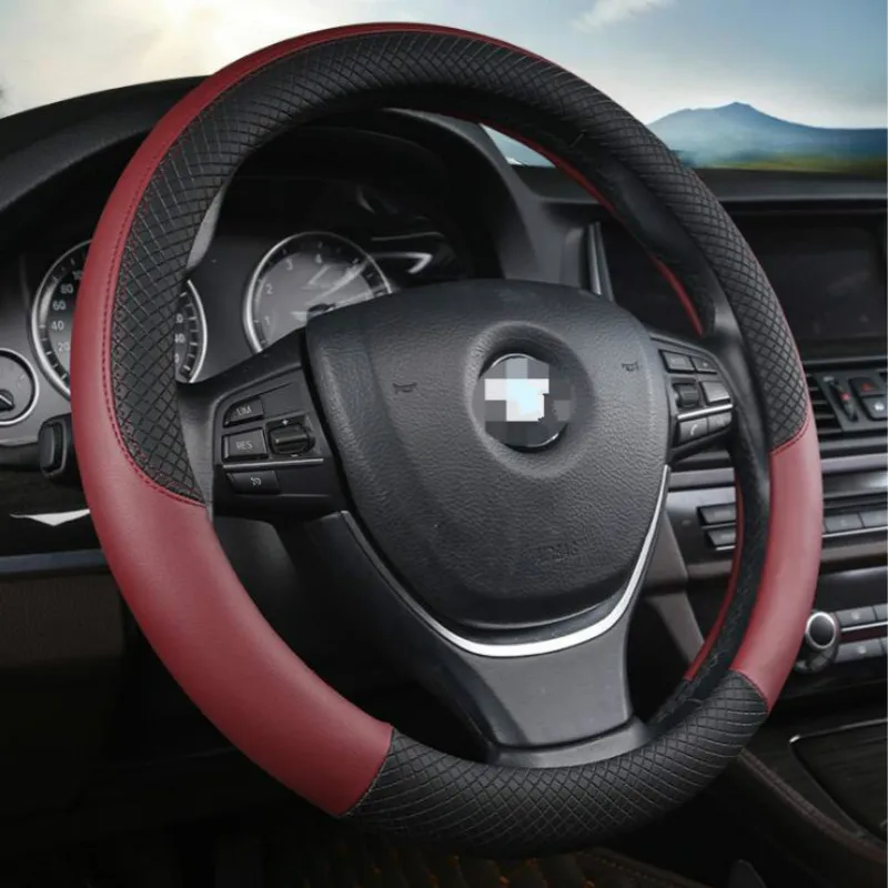 WineRed Универсальный автомобильный чехол из искусственной кожи для руля 38 см, автомобильный Стайлинг, спортивный автомобильный чехол на руль, противоскользящие автомобильные аксессуары - Название цвета: WineRed