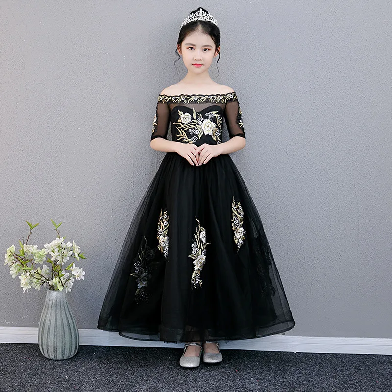 Тюлевое кружевное платье для свадебной вечеринки для девочек; длинное платье с цветочным узором для девочек, украшенное бисером; Красивое бальное сексуальное платье с открытыми плечами для девочек - Цвет: black