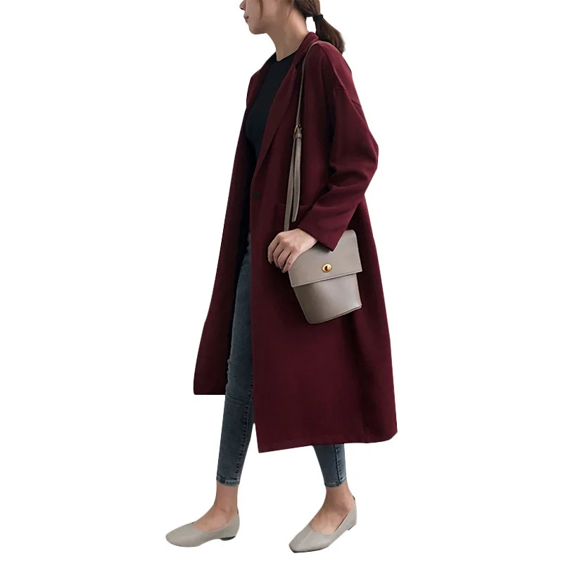 Women Autumn Korean Style Long Trench Coats Casual Solid Pocket Single Button Loose Overcoats Outwear Tops WDC3974