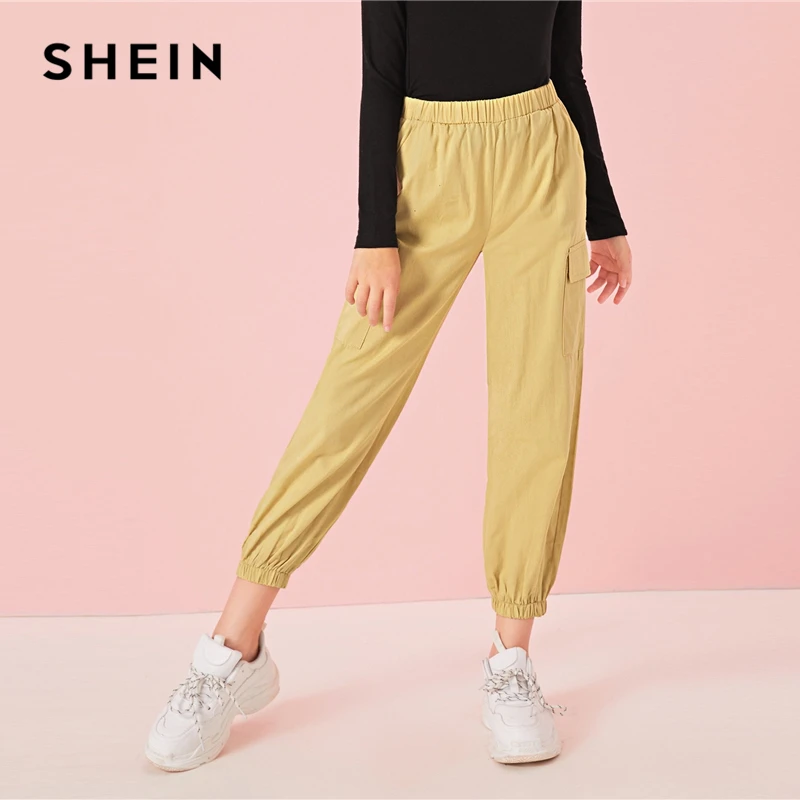 SHEIN Kiddie Solid Pocket Patched Girls Casual Cargo Pants Teenagers Bottoms 2019 Autumn Elastic Waist Long Trousers For Chldren