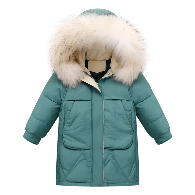 Повседневное модное пуховое пальто для девочек синее плотное длинное пальто для девочек детский зимний пуховик с воротником из натурального меха енота теплый зимний костюм