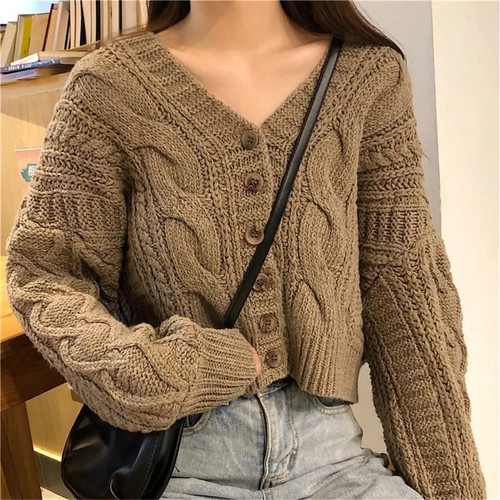 

Women Vintage Sweater Spring Autumn Fashion V-Neck Long Sleeve Black Short Knitted Jacket Solid Warm Loose Cardigan Femme Jumper
