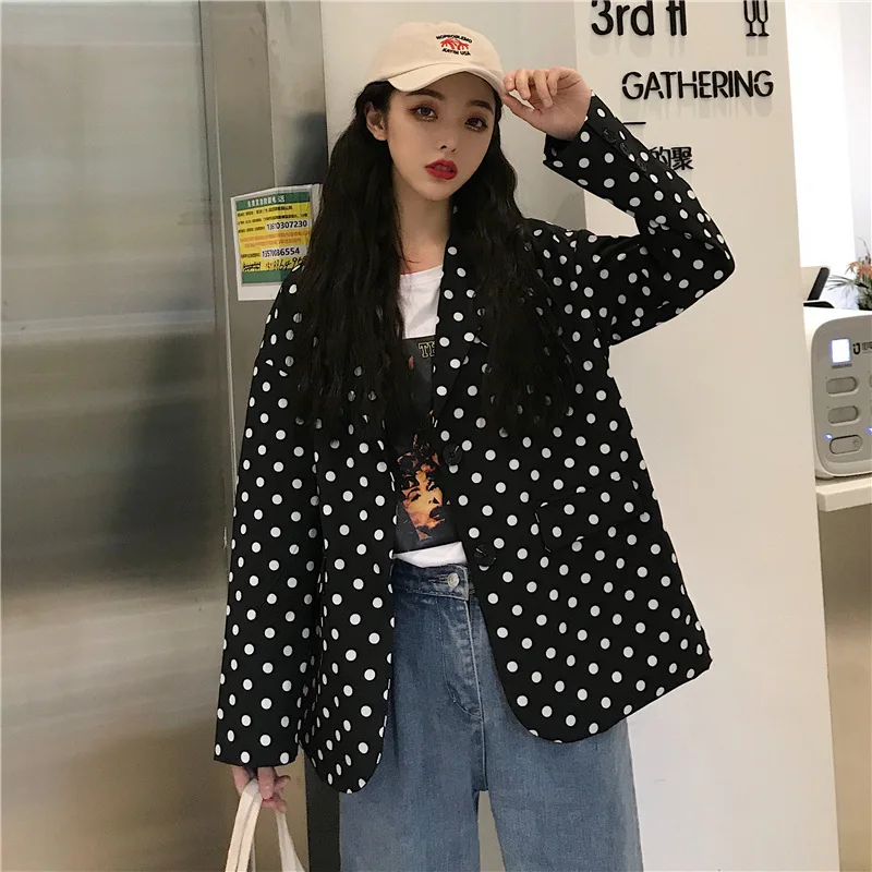 

Spring Clothing New Style Women's Korean-style Loose-Fit Online Celebrity Suit Polka Dot Casual Fold-down Collar Black Long Slee