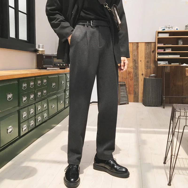 

Men Business Casual Elastic Waist Suit Pant with Belt Vintage Fashion Autumn Winter Male Woolen Thick Suit Trousers Black Gray