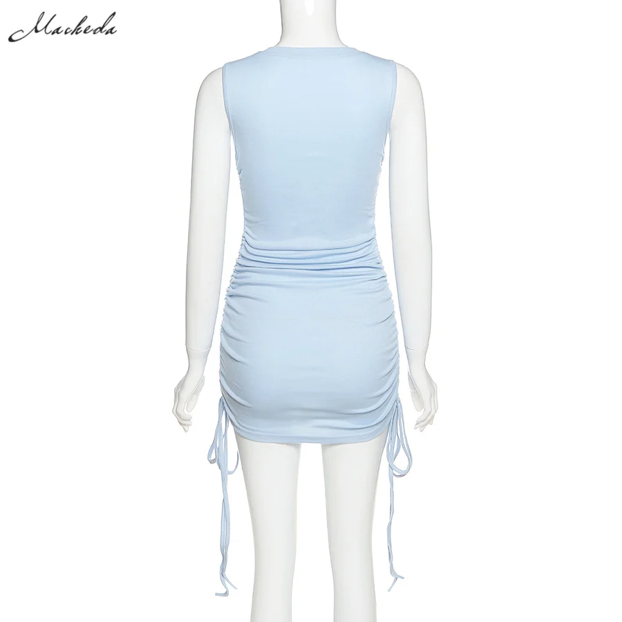 Macheda Summer Solid Casual Vacation Slim Dress Women knitting O Neck Sleeveless Fashion Skinny Lady Mini Wrap Dress 2020 New
