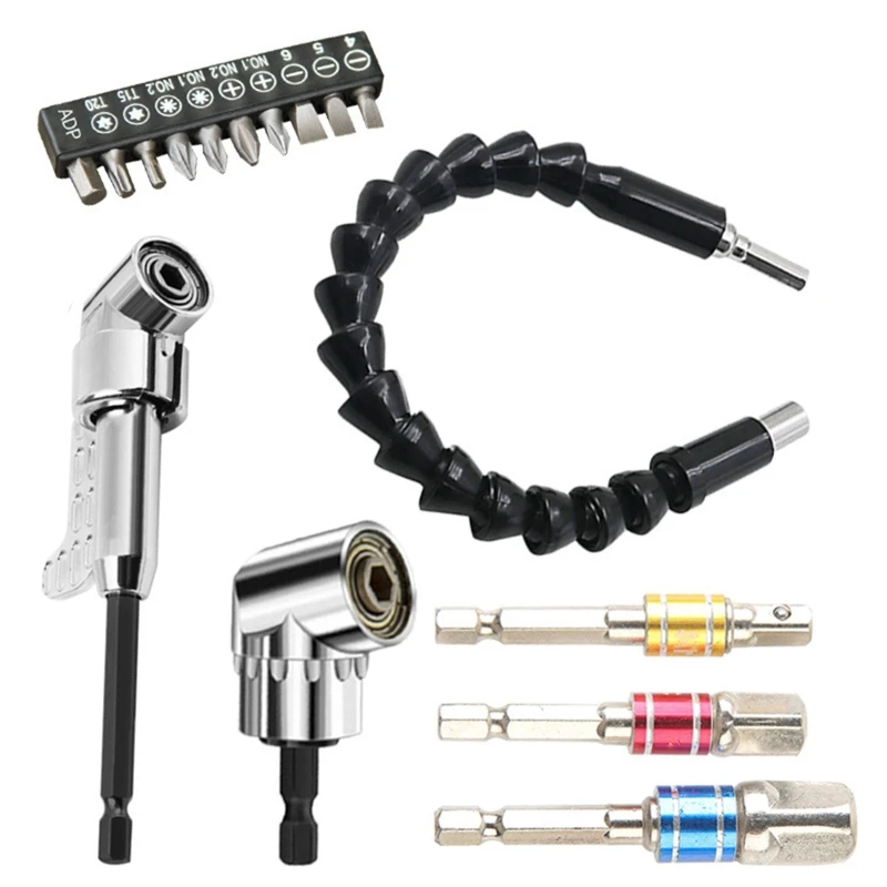 

105 Degree Right Angle Drill Attachment and Flexible Angle Extension Bit Kit for Drill or Screwdriver 1/4" Socket Adapter Tool