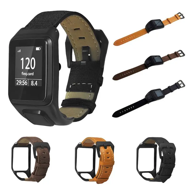 

Replaced Genuine Leather Wrist Strap Metal Clasp Buckle Watchband Bracelet for TomTom Runner 2 3/Spark 3 Cardio/Music/Adventurer