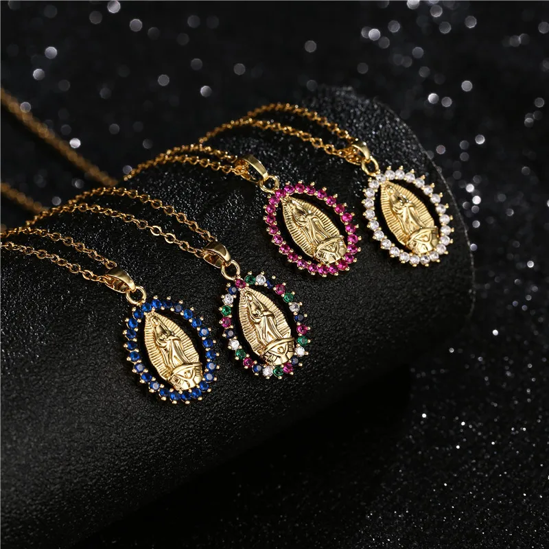 Luxury CZ Virgin Mary Necklaces For Women Crystal Peace Necklace Long Chain Copper Catholic Jewelry virgen de guadalupe | Украшения и