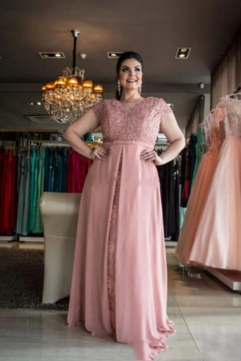 Rosa mãe da noiva vestidos de manga curta rendas apliques chiffon