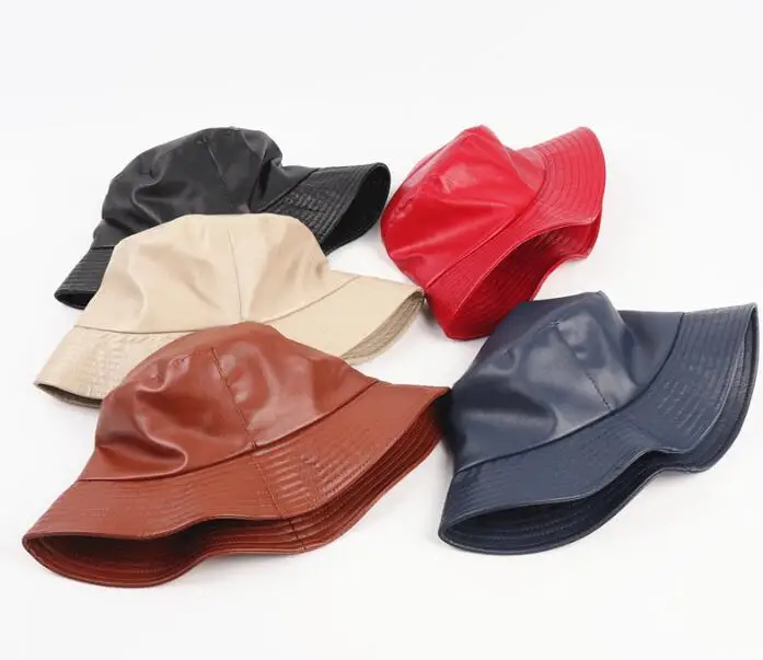 

2020 Unisex Bucket Hats Spring New Black Pu Leather Fisherman Hat Men's Basin Hat Women Mothproof Sun Hat Solid Adult Hats