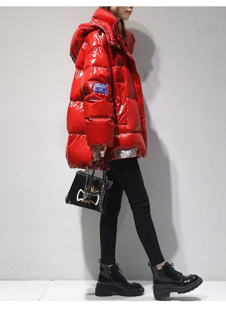 High quality Glossy Down Parkas Coat Winter Jacket Womens Warm Hooded Down Jacket Red/Black Glossy Winter White Duck Down Coats