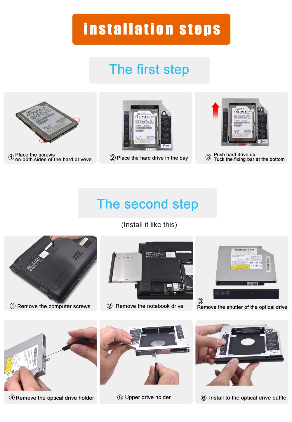 TISHRIC Universal Aluminum 2nd HDD Caddy 9.5mm/12.7mm SATA 3.0 Optibay SSD 2.5 Inch HDD Case/Box Adapter for Laptop DVD-ROM ODD external hard drive case ssd enclosure hard drive enclosure hard disk case external hard drive box hdd case enclosure hard drive adapter ssd adapter