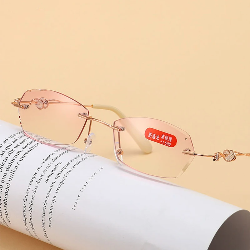 

New Fashion Anti-blue Light Reading Glasses Diamond Trimming Hyperopia Spectacles Elegant Ladies Frameless Presbyopic Eyeglasses