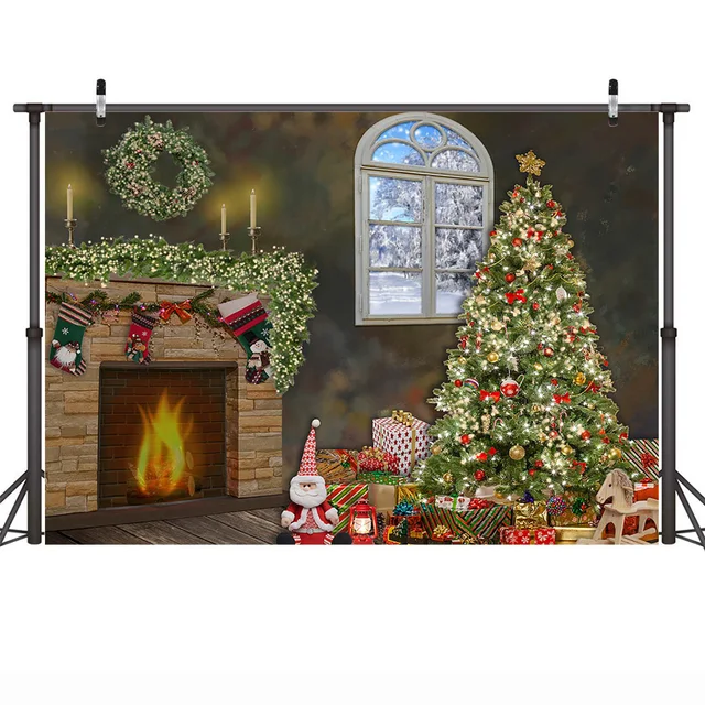 Christmas Window Backdrop Winter Snow Wonderland Birthday Portrait Background Curtain Wreath Christmas Tree Photography Props style-20