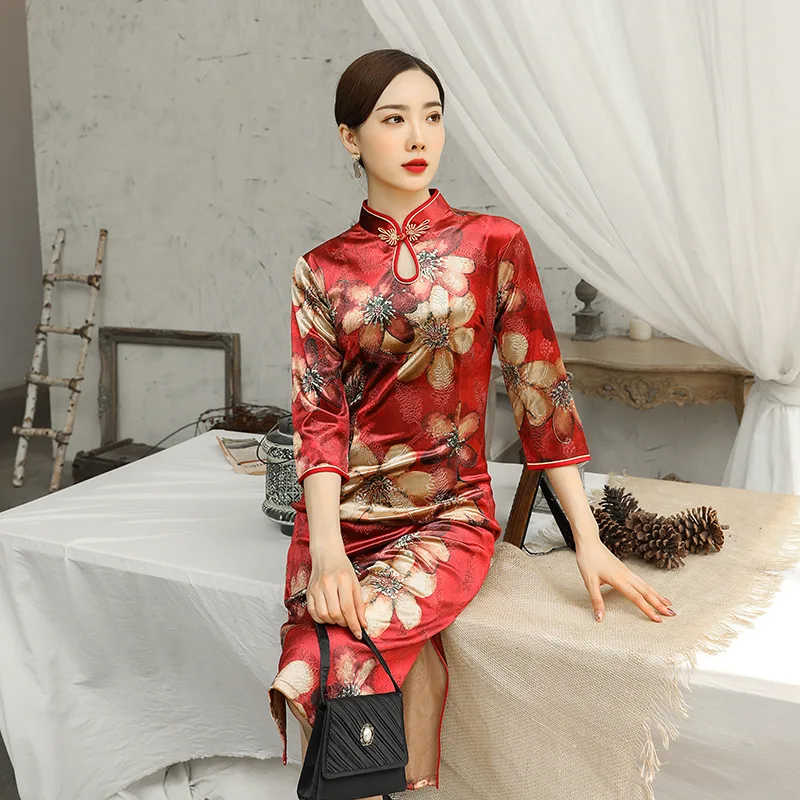 Сексуальное классическое велюровое цветочное женское Восточное Ципао Cheongsam винтажное Вечернее Платье Vestidos новинка обтягивающее китайское платье для выпускного вечера