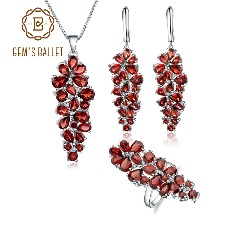 GEM'S BALLE 925 Sterling Silver Gemstone Jewelry Sets Luxury Natural Red Garnet Ring Drop Earrings Pendant Set For Women Wedding |