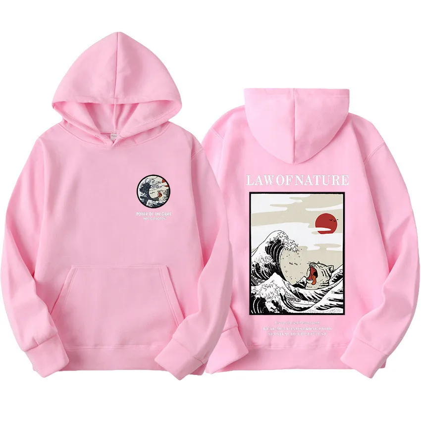 Pink b Толстовки для мужчин и женщин, Новейшие японские толстовки с забавным изображением кота и волн, зимние толстовки в японском стиле, Повседневные свитера в стиле хип-хоп, уличная одежда - Цвет: Pink b
