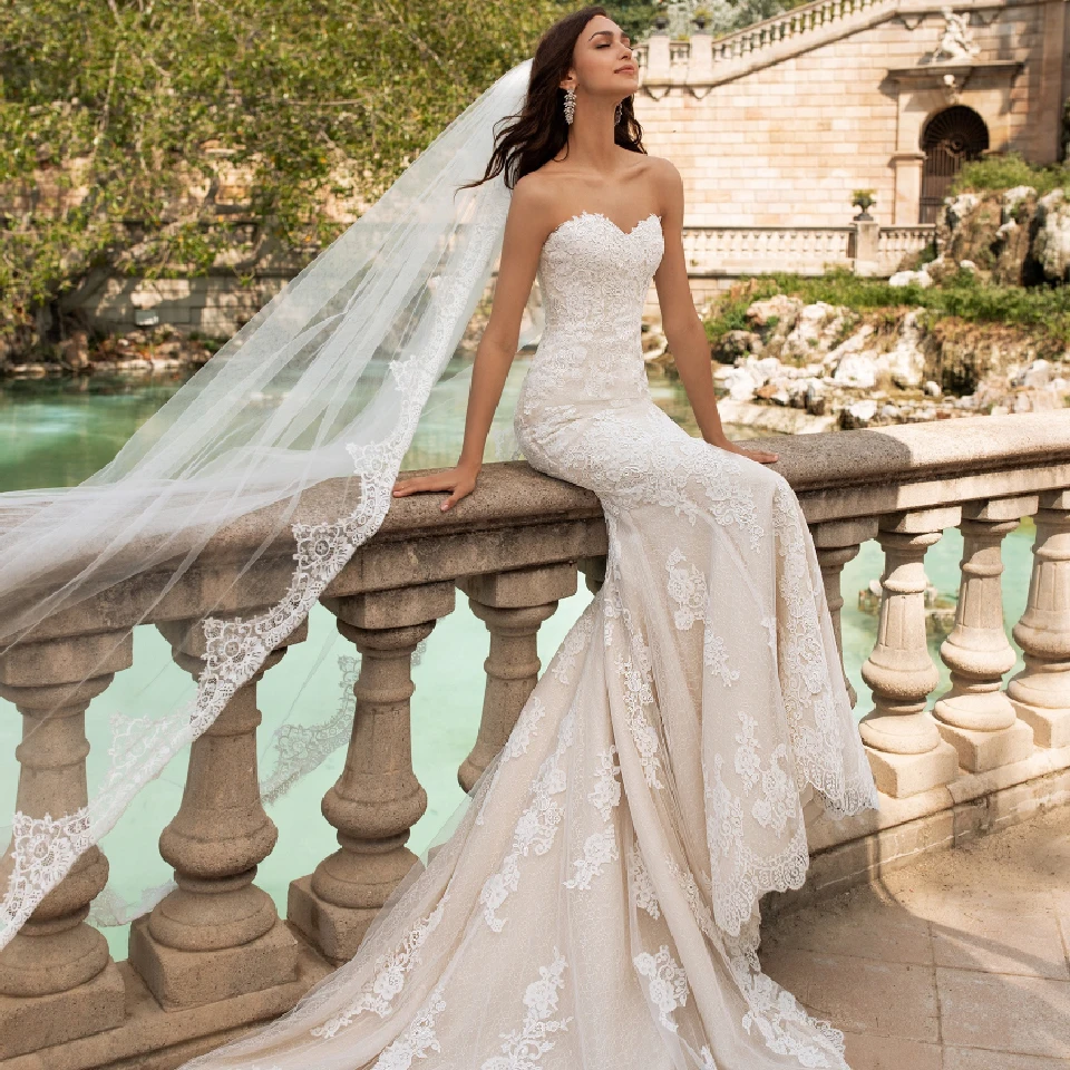Свадебное платье без бретелек, кружевное платье русалки,, Vestidos, свадебное платье принцессы, длинный шлейф, скромное свадебное платье с открытыми плечами