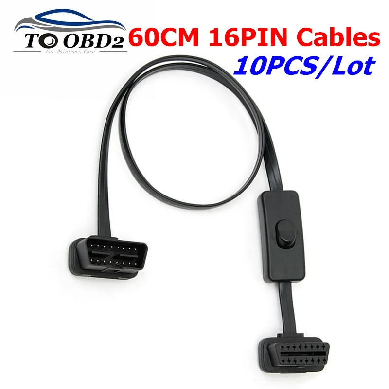 

10PCS/Lot OBD 2 16 Pin Male to Female Diagnostic cable OBD2 60CM 16PIN Extension Cable with ON/OFF Power Switch