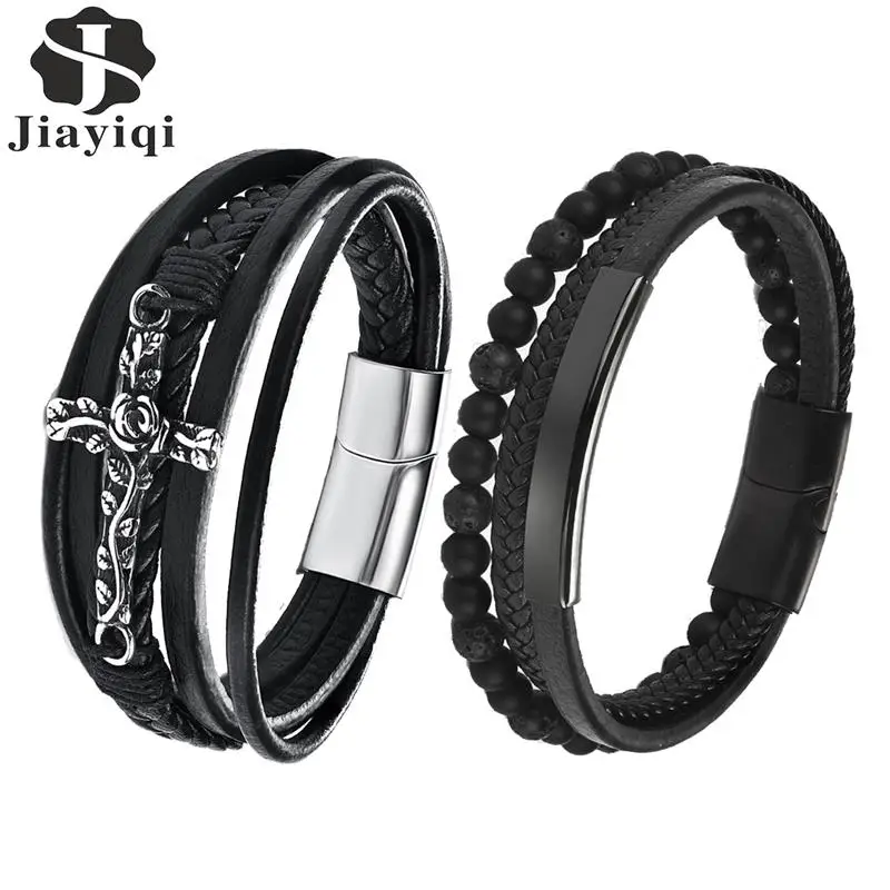 

Jiayiqi Natural Stone Multilayer Leather Bracelet for Men Fashion Stainless Steel Magnetic Clasps Wristband 2020 New Jewelry