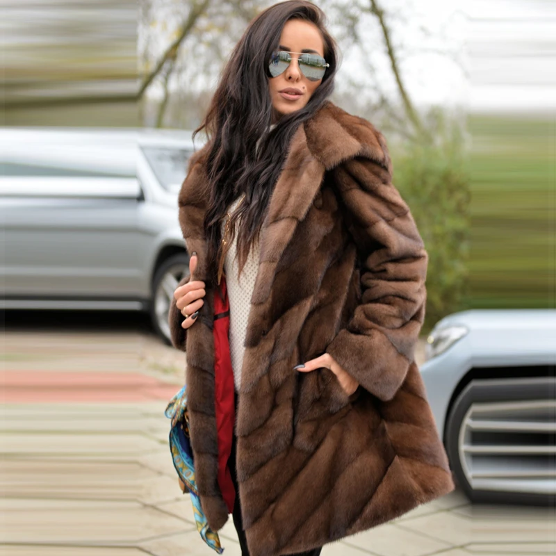 FURSARCAR Fashion New Women Brown Real Mink Fur Jacket And Coat With Hood Luxury Female Winter Thicken Genuine Fur Clothing