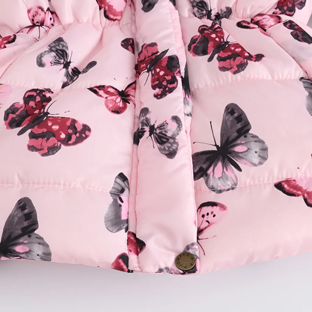 Зимнее теплое ветрозащитное пальто с капюшоном и бабочкой для маленьких мальчиков и девочек, Мягкое хлопковое пальто с длинными рукавами и рисунком для девочек