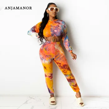 

ANJAMANOR Tie Dye Sports Sweat Suits Women 2 Piece Set Long Sleeve Drawstring Crop Top Hoodie and Pants Tracksuit D52-DC53