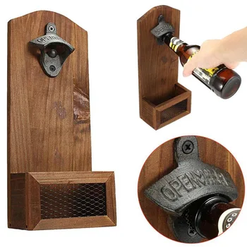 

Wood Rustic Home Beer Barrel Keg Wall Mounted Bottle Cap Opener With Cap Catcher Wine Beer Opener Tools Bar Drinking Accessories