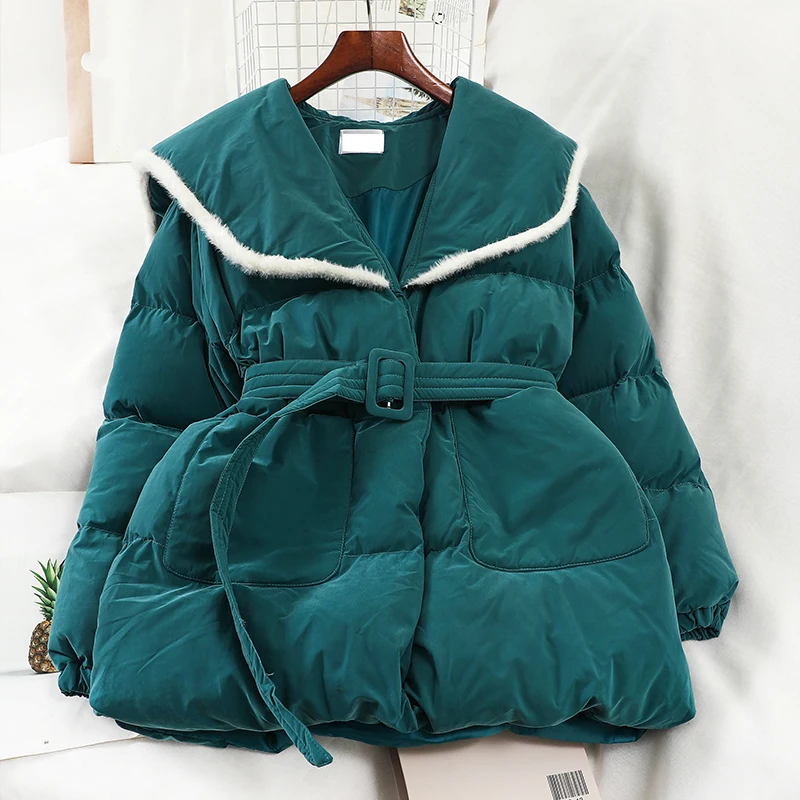 green Neploe, корейские шикарные парки с поясом, тонкая талия, большое однобортное пальто с карманами,, зимняя теплая хлопковая куртка, 55821 - Цвет: green