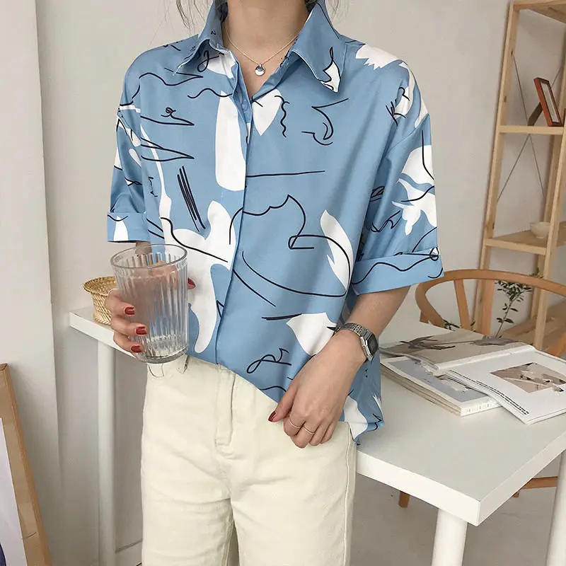 

Harajuku Printing Blouse Korean Causal Shirt 2019 Summer Short Sleeve Turn-down Collar Personality Shirts Woman Blusas Tops