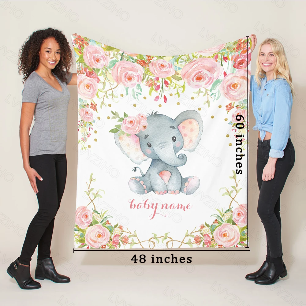 Fleece Blanket Baby Blanket Name Chic Flower Elephant Baby Girl / Boy Blanket-30x40/48x60/60x80 Inches-Flannel Fleece Blanket