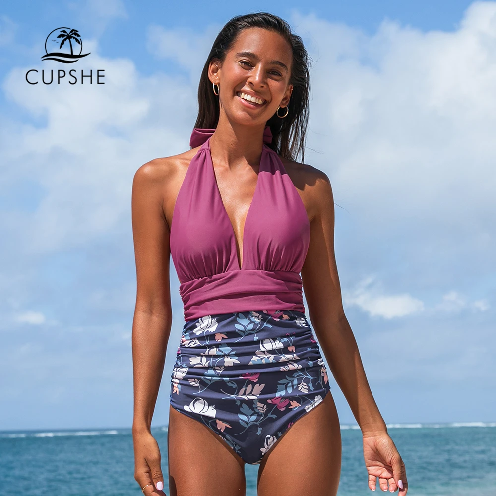One-Piece Swimsuit Bathing-Suits CUPSHE HALTER Women Floral Sexy New Beach Deep V-Neck