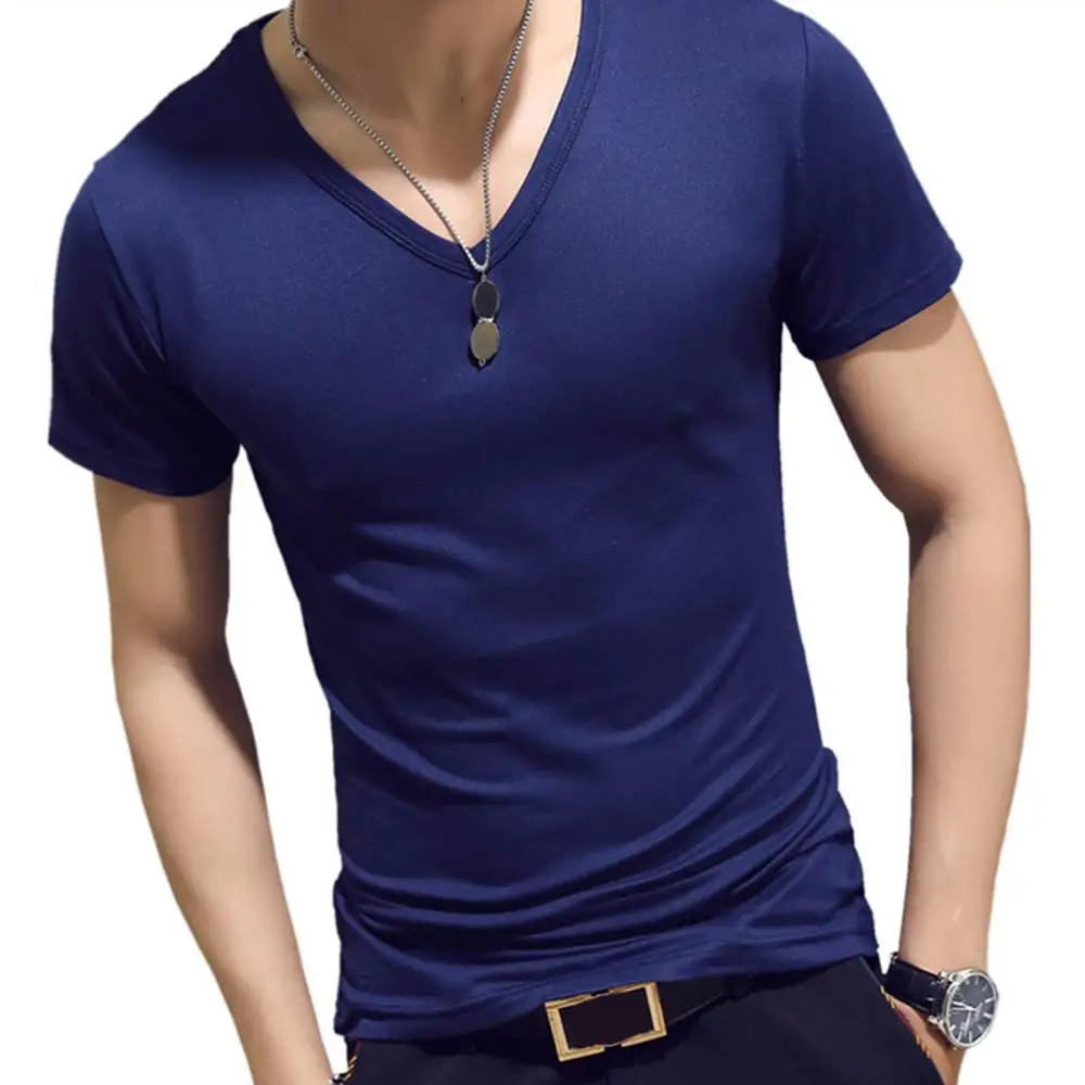 Новая популярная Корейская Летняя мужская футболка с коротким рукавом и v-образным вырезом, однотонные топы для спортзала, фитнеса, повседневные рубашки YAA99 - Цвет: dark blue