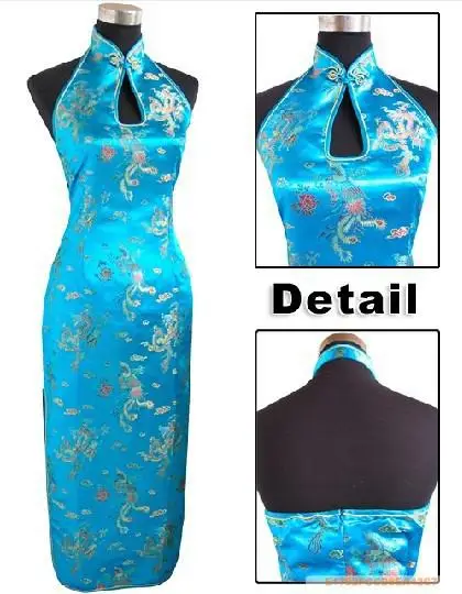 Backless Classic Chinese Women Qipao Rayon Sexy Cheongsam Traditional Sleeveless Evening Party Gowns Dresses Vestidos Elegant - Цвет: Lake blue phoenix
