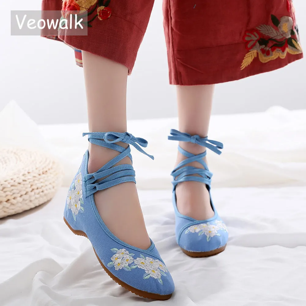 Veowalk 꽃 수 놓은 여자 캔버스 수 놓은 발레 플랫 긴 발목 스트랩 캐주얼 플랫 신발 숙 녀 산책 발레리나