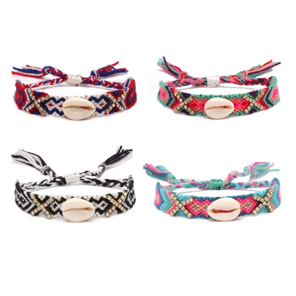 Sparkling Crystal Natural Cowrie Seashell Slim Woven Friendship Bracelet Fashion Boho Mulicolored Sewn Summer Camp Jewelry Gift | Украшения