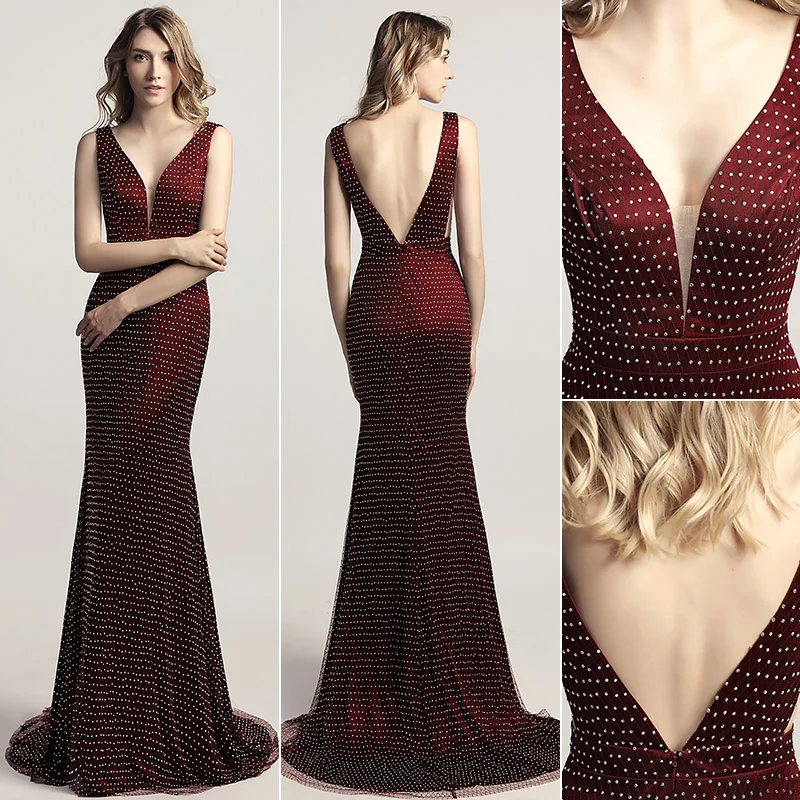 Robe De Soiree новые элегантные длинные вечерние платья русалки с коротким шлейфом и кристаллами, вечерние платья с v-образным вырезом, реальные фотографии, LSX473