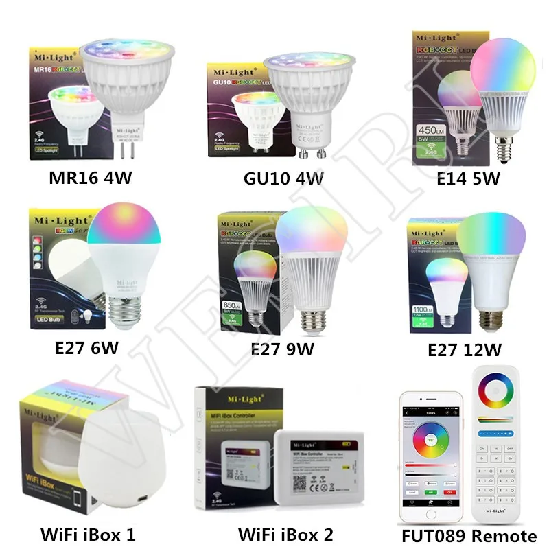 Milight 2 4 г Беспроводной умный светодиодный Светодиодная лампа Вт 5 6 9 12 GU10 E27 MR16 RGB + CCT