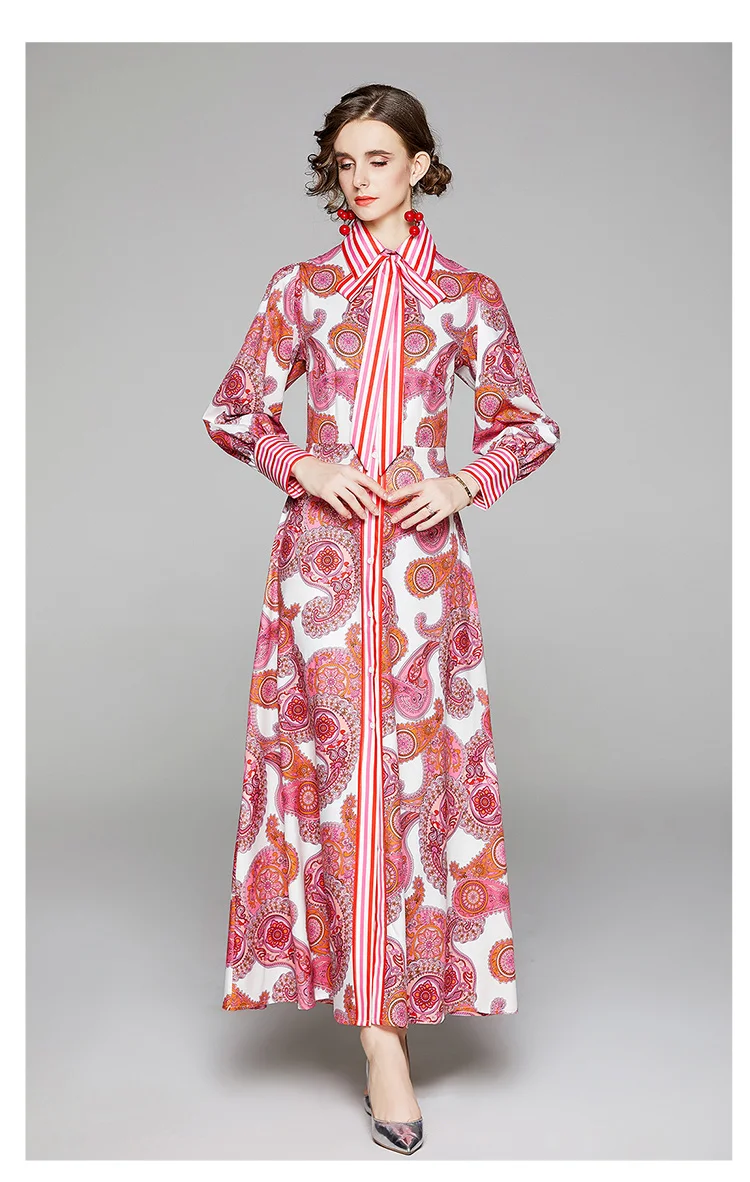 Banulin Autumn Fashion Runway Maxi Dress Womens Long Sleeve Collar Belted Gorgeous Printed Elegant Holiday Vintage Long Dress