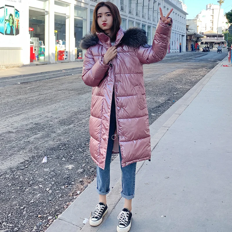 Thick Parka Coat Long Winter Jacket Women Hood Fur Plus Size Female Lady Warm Outerwear Puffer Quilted Shining Stylish Hat