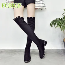 Женские замшевые сапоги выше колена; сезон осень-зима; стразы; высокие сапоги до бедра; кожаные черные сапоги