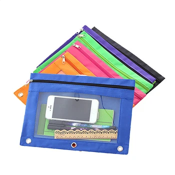 

Hot Sell Zippered Binder Pencil Pouch 3 Ring Rivet Enforced Hole School Pen Case Desktop Storage Bag