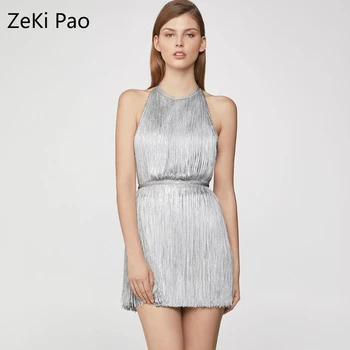 

2020 Summer New Silver Ladies Tassel Hot Color Sexy Bodycon Sleeveless Backless Party Dress Bandage Dress Female Vestido