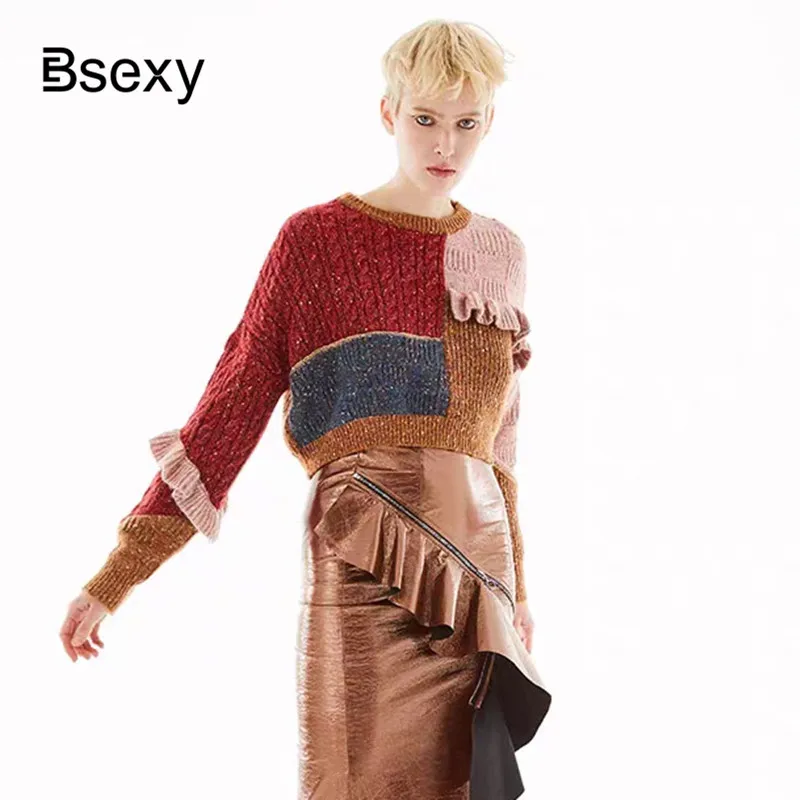 

Fashion Women Cropped Sweater 2020 Color Block Ruffles Patchwork Loose Thick Warm Short Lurex Pullover Sweater streetwear