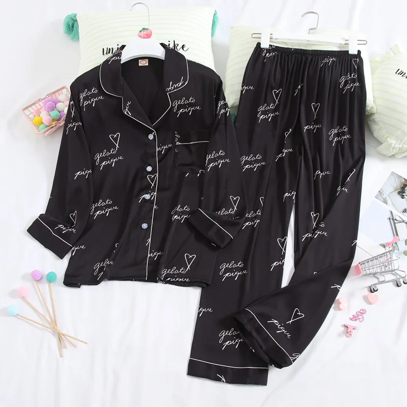 black set Fiklyc нижнее белье из искусственного шелка с буквенным принтом, сексуальные женские весенние пижамы с длинным рукавом и штаны, наборы, милая и симпатичная ночная рубашка, наборы - Цвет: black set