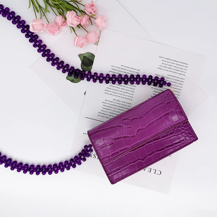 

Women Crocodile Pattern Beading Mini Stone Pattern Small Square Crossbody Bag Bead Chain Shoulder Bag Purses Lady Fashion TNT05