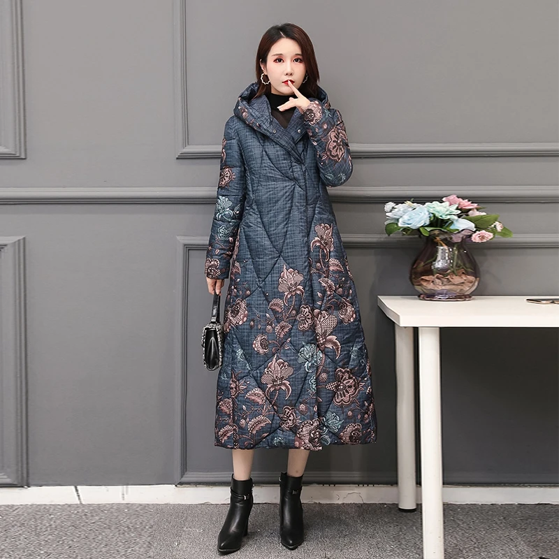 

2020 winter Long thickened women's jacket down feather cotton jacket with hooded printing Slim women's warm winter snowy jacket